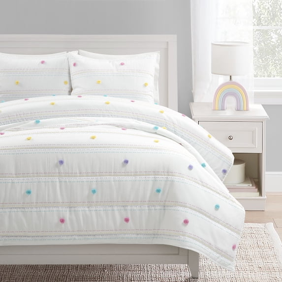 Rainbow Pom Pom And Stripes Quilt White/Rainbow 3Pc Set Full/Queen