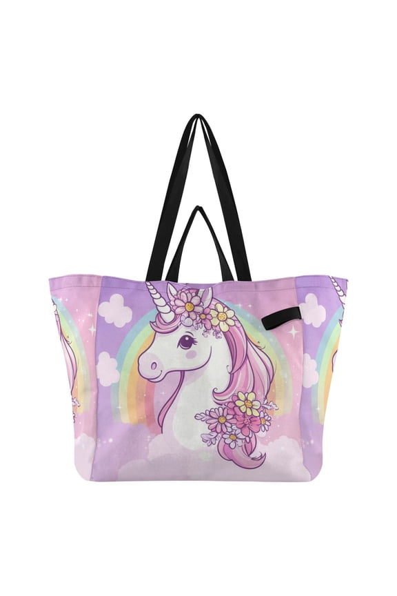Rainbow Pony Canvas Tote Bag Large Capacity Reusable Tote with Double Handles, Foldable Heavy Duty Shopping Beach Laundry Bag, 32L
