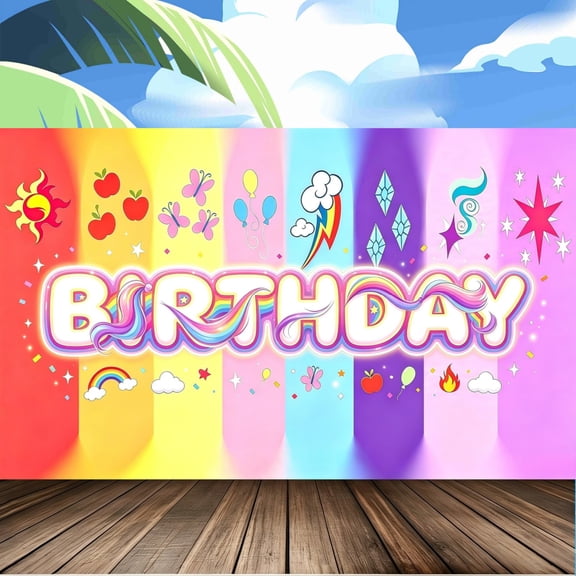 Rainbow Pony Tail Magic Cartoon Happy Birthday Backdrop, 7x5ft Polyester Party Banner with Grommets & Hanging Rope, 0.66lb Anime Photography Background for Kids Birthday Party Dcor
