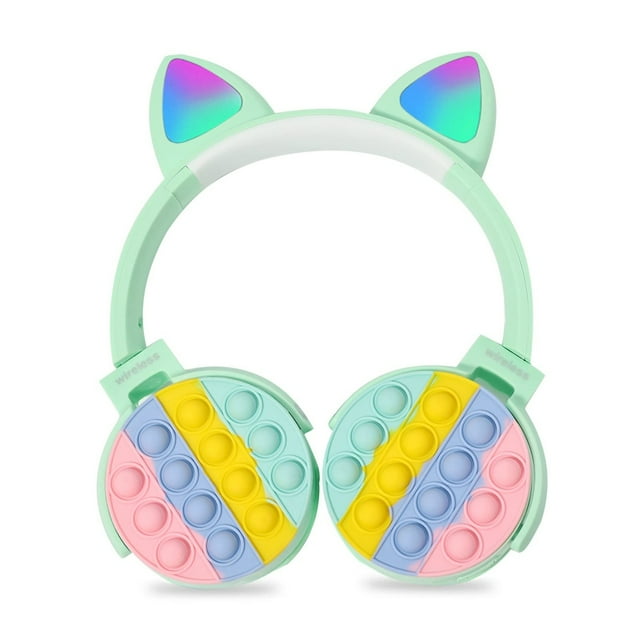 Rainbow Pop Bubble Wireless Bluetooth Headphone with Cat's Ears Decoration,On-Ear Headphones,Fidget Bluetooth Head-Mounted Stereo Headset,Fidget Toy for Children Adults,Green-Cat