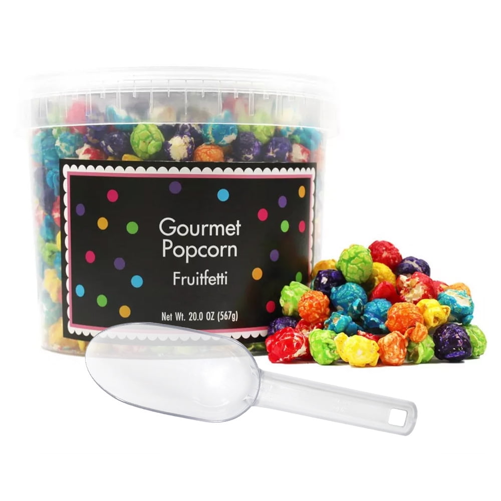 Rainbow Popcorn Bucket with Scoop, 20 Ounce, Fruitfetti Caramel Corn Tub, Fresh Gourmet Popcorn, The Hampton Popcorn & Candy Company