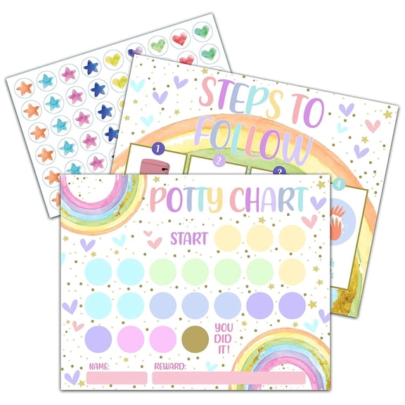 Rainbow Potty Training Sticker Chart, 10 Potty Charts with 216 Round Stickers & 1 Instruction Sheet, Potty Reward Sticker Chart for Toddlers Girls - A16