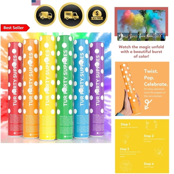 Rainbow Powder Poppers Biodegradable Confetti Launchers 6 Pack for Celebrations