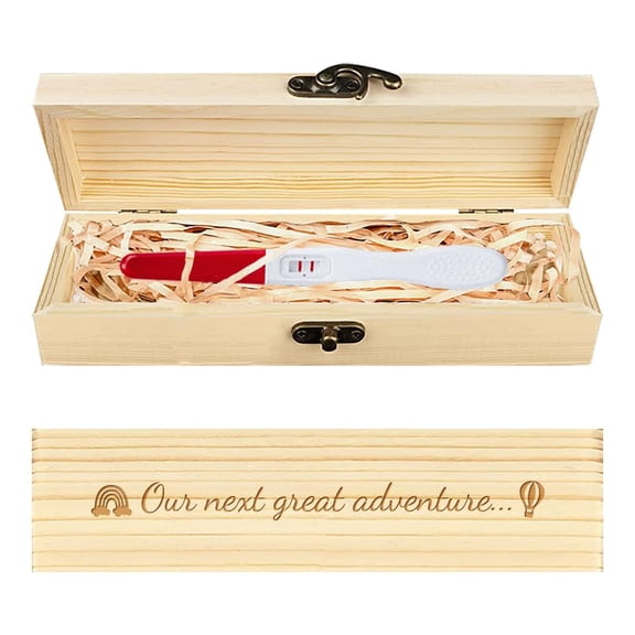 Rainbow Pregnancy Test Souvenir Box Hot Air Balloon Wooden Pregnancy Announcement Keepsake Box with Raffia Ribbon and Lock Announcement Gifts for Dad Husband 8x2x1.2inch