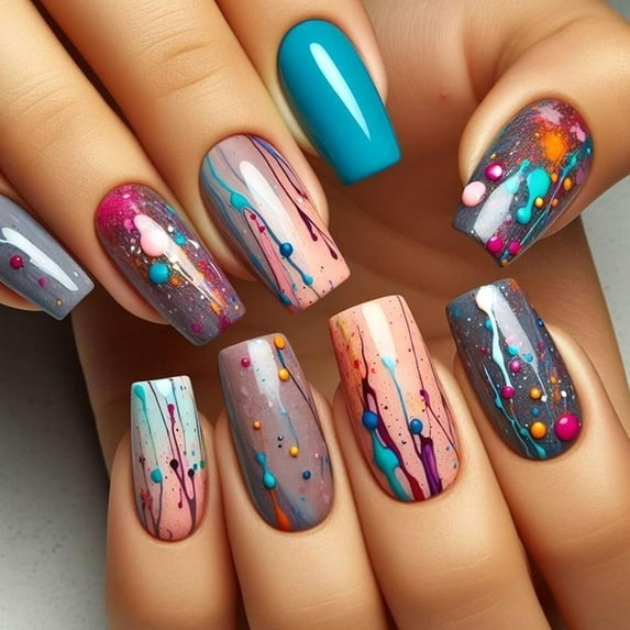 Rainbow Press on Nails Medium Square Fake Nails with Colorful Stripes Design Summer Glue on Nails Glossy Acrylic False Nails Cute Nails Press ons Full Cover Stick on Nails 24Pcs