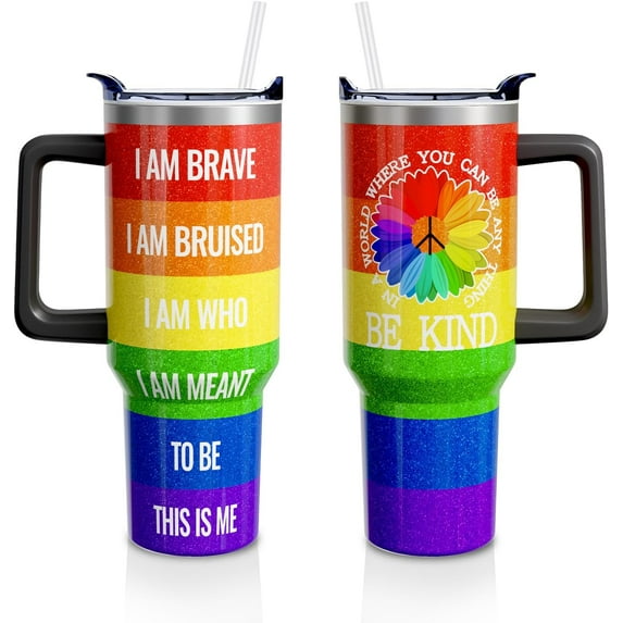 Rainbow Pride 40oz Tumbler with Handle & Straw - Stainless Steel Insulated Water Bottle, Be Kind Design - LGBT Pride Month Gift for Women & Men (1PC)