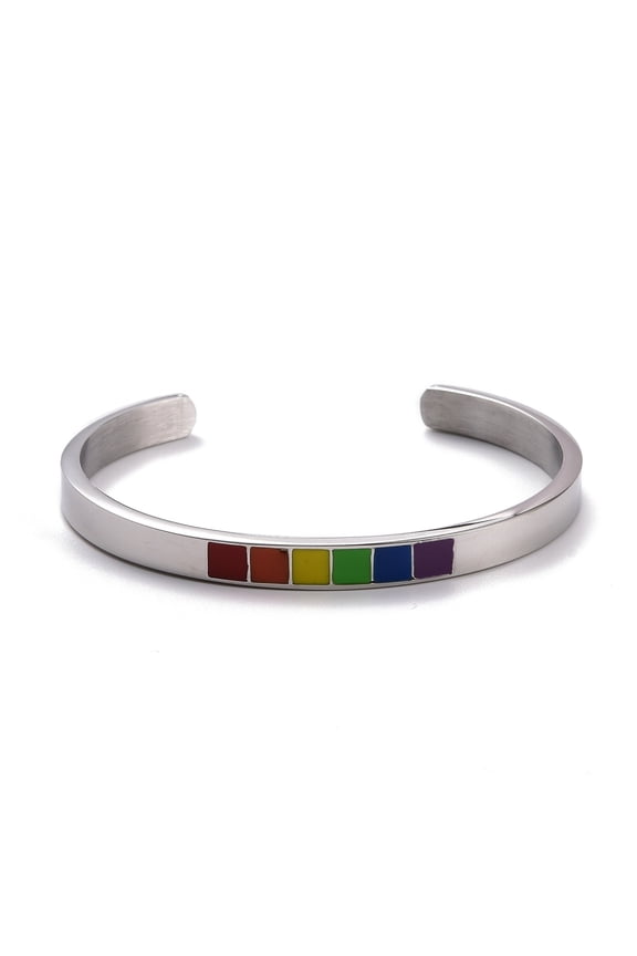 Rainbow Pride Cuff Bangle 201 Stainless Steel Enamel Flat Open Bangle for Men Women Stainless Steel Color Inner Diameter: 2-1/4 inch(5.85cm) Diy