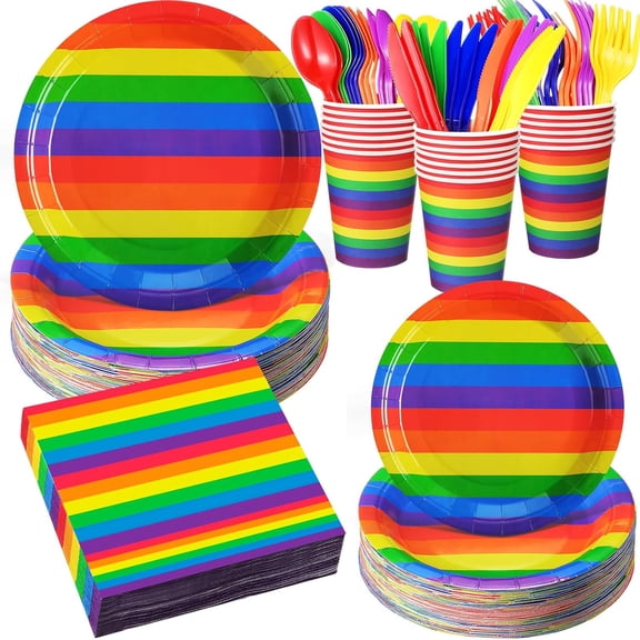 Rainbow Pride Disposable Tableware Set 400-Piece Round Paper Plates, Cups, Flatware and Napkins for Parties