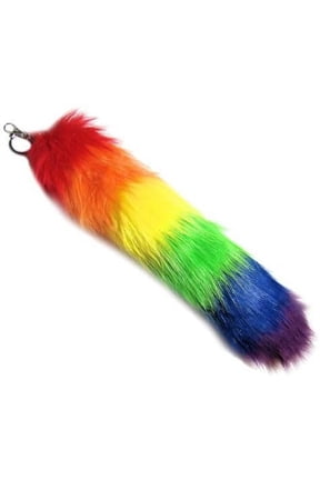 Rainbow Colorful Faux Fur Fox Tail Keychain with Keyring, 16 Inch