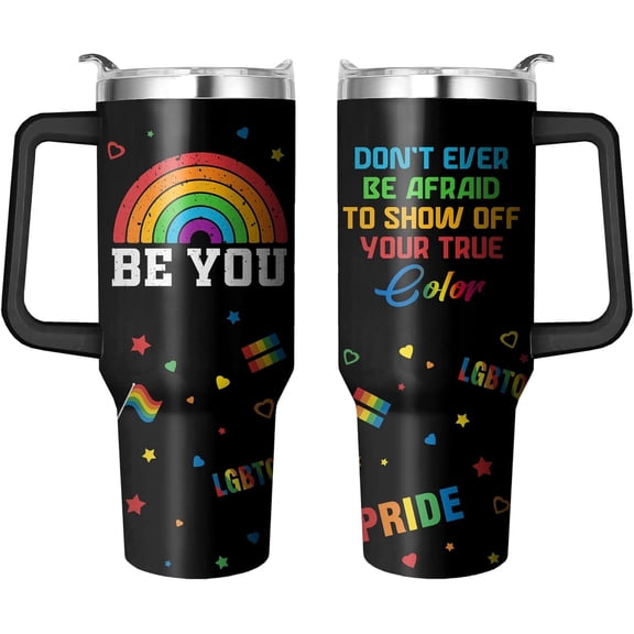 Rainbow Pride Flag Tumbler, Retro Be You Travel Mug, Gay Pride Cups Lesbian Gifts for Women Men, 40 Oz Stainless Steel Tumbler With Handle & Straw, LGBTQ Awareness Month Gifts