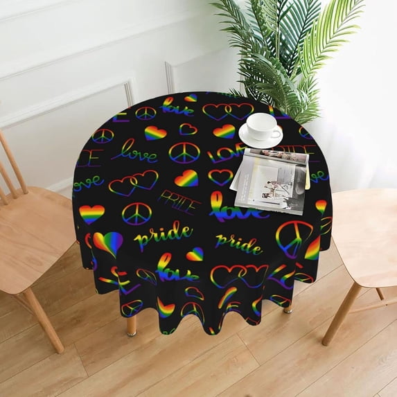 Rainbow Pride Flag with LGBT Symbol Tablecloth Round Table Cover Washable Polyester Table Cloth for Kitchen Party Picnic Dining Decor 60 Inch