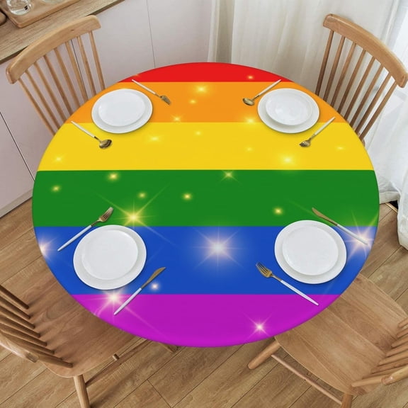 Rainbow Pride Gay Round Tablecloth Elastic Fitted Edge Table Cover Washable for Kitchen Dining Picnic Party Fit Table 40-44