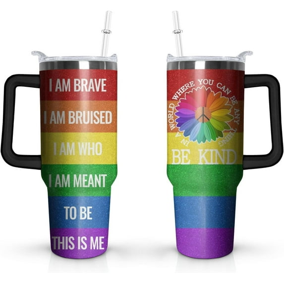 Rainbow Pride Gifts 40 Oz Tumbler with Handle and Straw, Be Kind Stainless Steel Insulated Cup Water Bottle, LGBT Pride Month Gifts for Women Men (1PC)