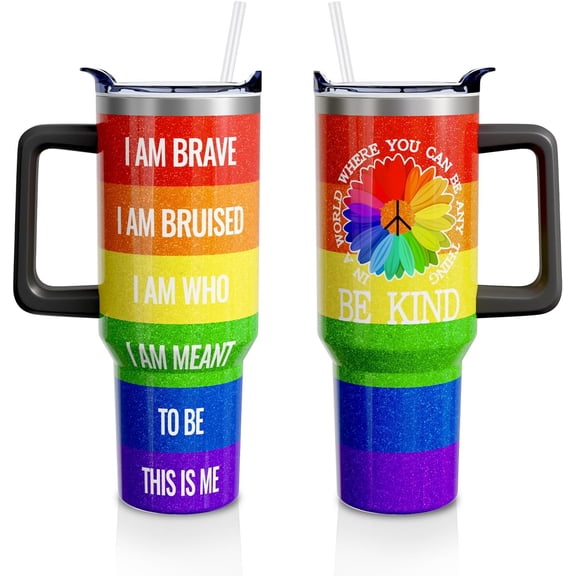 Rainbow Pride Gifts 40 Oz Tumbler with Handle and Straw, Be Kind Stainless Steel Insulated Cup Water Bottle, LGBT Pride Month Gifts for Women Men (1PC)