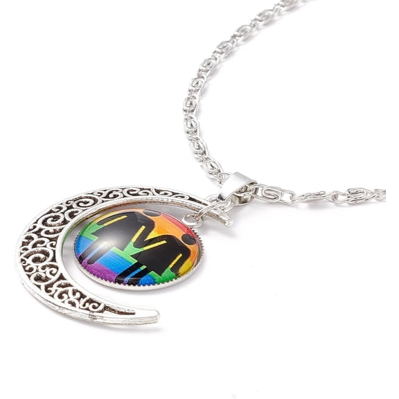 Rainbow Pride Necklace Flat Round with Pattern & Moon Pendant Necklace for Men Women Antique Silver & Platinum Female Gender Symbol 18.31 inch(46.5cm)