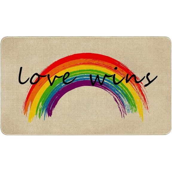 Rainbow Pride Rug Love Wins Welcome Door Mat Low-Profile Non-Slip Doormats Indoor Outdoor Entrance Yard Decorations Throw Rug Burlap 17 X 30 Inch