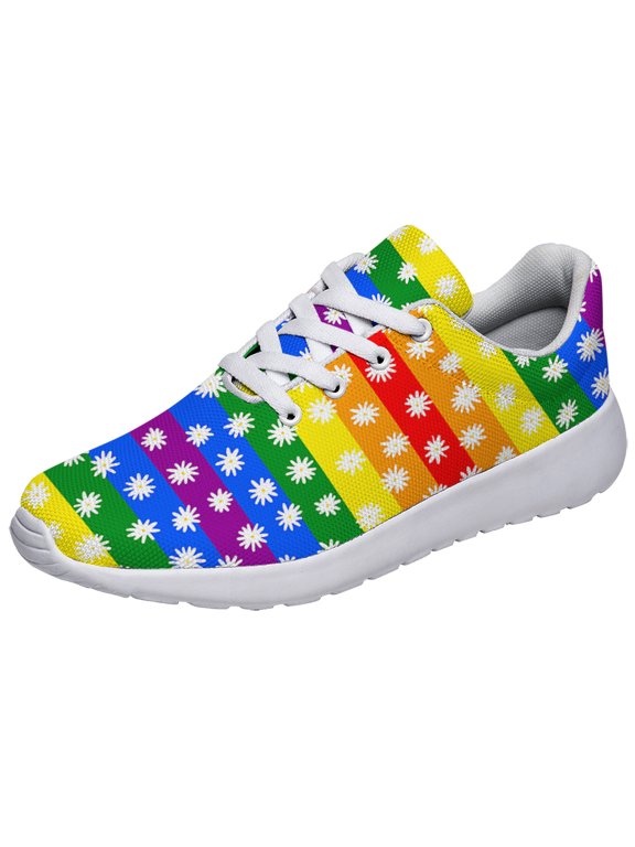 Rainbow Pride Shoes Men Women Fashion LGBT Sneakers Adult Lightweight Breathable Running Shoes White Size 5