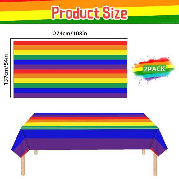 Rainbow Pride Tablecloths 2 Pack 54x108 Inch Disposable Plastic Table Covers for Events Decor