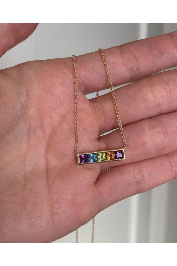 Rainbow Princess Bar Necklace in 14k Yellow Gold Plated | 18k Gold Plated Gemstone Bar Necklace | New Arrival jewelry | Best for gifting, Trending pendant