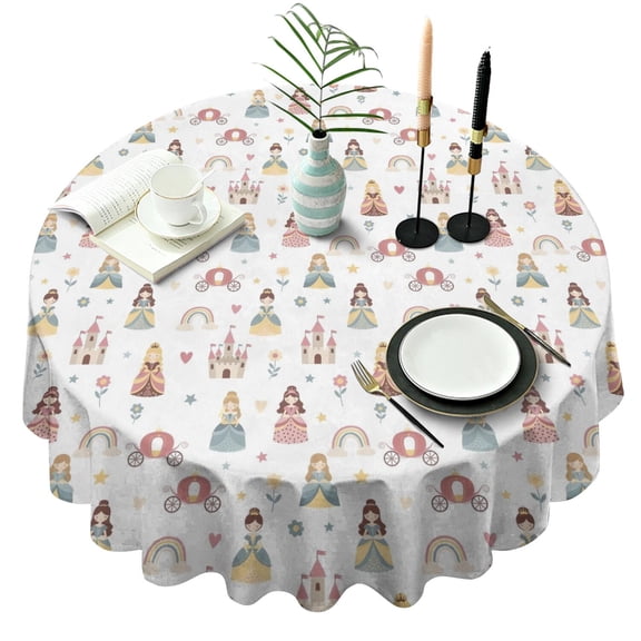 Rainbow Princess Carriage Pattern Round Tablecloth 60"x60",Wrinkle Wipeable Table Cloth for Kitchen Dining Room Picnic Patio Party