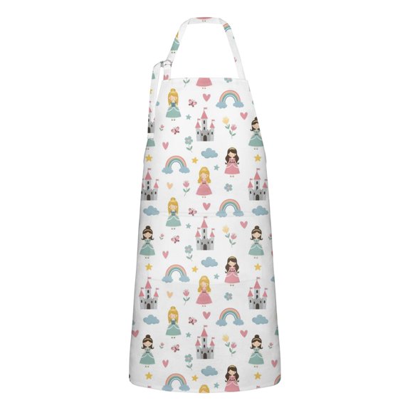 Rainbow Princess Castle Pattern Apron-Garden Aprons for Women with Pockets-Cotton Linen Waterproof Kitchen Cooking Gardening Aprons Adjustable for Kitchen,Cooking,BBQ and Salon 33x27 Inch