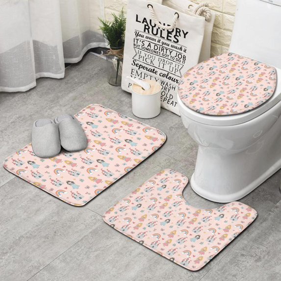 Rainbow Princess Castle Pattern Bathroom Rugs Sets 3 Piece,Toilet Cover Set,Absorbent Non Slip Bathroom Mats Sets with U-Shaped Contour Rug Toilet Rug Set