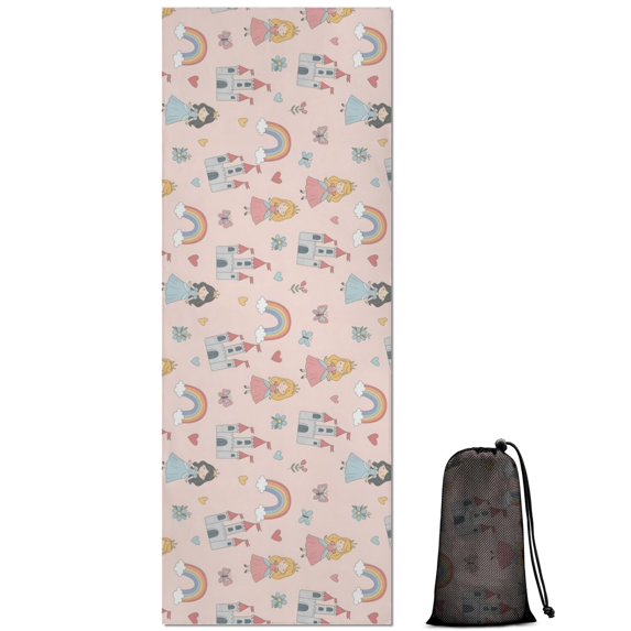 Rainbow Princess Castle Pattern Hot Yoga Mat Towel Non Slip for Hot Yoga - Quick-Drying Yoga Mat Cover with 4 Corner Pockets with Travel Bag - Hot Yoga Towel Non Slip 70"x26"