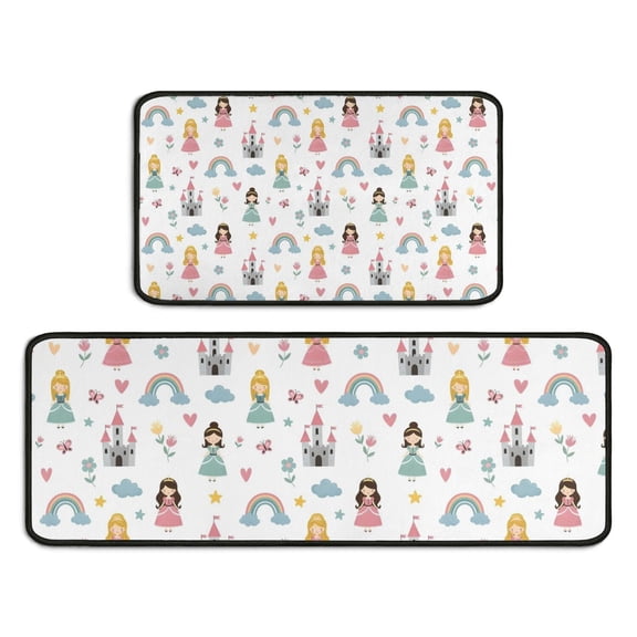 Rainbow Princess Castle Pattern Kitchen Rugs Sets Of 2,Anti Fatigue Kitchen Mat Rugs Non Slip Washable,Decorative Kitchen Floor Mats for Kitchen,Sink,Laundry,17"X30"+17"X47"