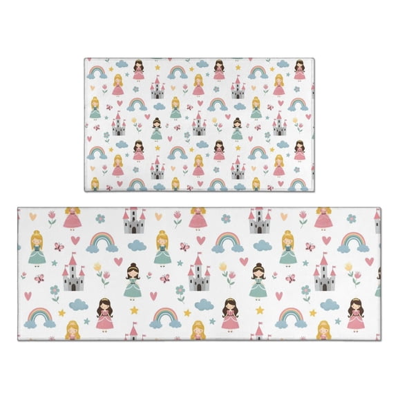 Rainbow Princess Castle Pattern Kitchen Rugs Sets Of 2,Anti Fatigue Kitchen Mat Rugs Non Slip Washable,Decorative Kitchen Floor Mats for Kitchen,Sink,Laundry,17"x30"+17"x47"