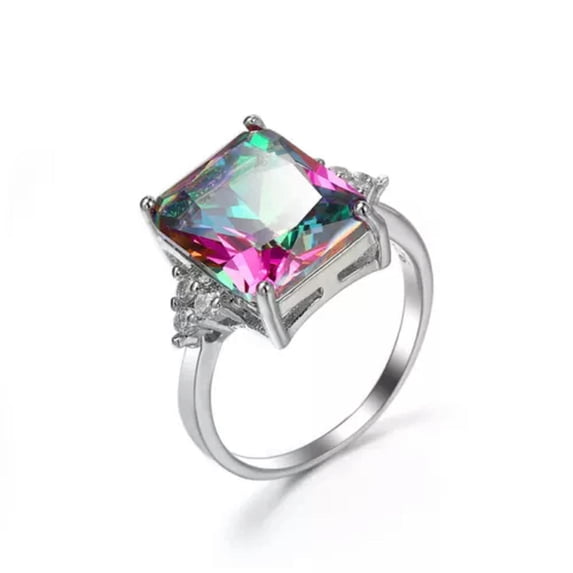 Rainbow Princess Cut AAA CZ Band for Female 925 Silver Engagament Ring Size 6-10