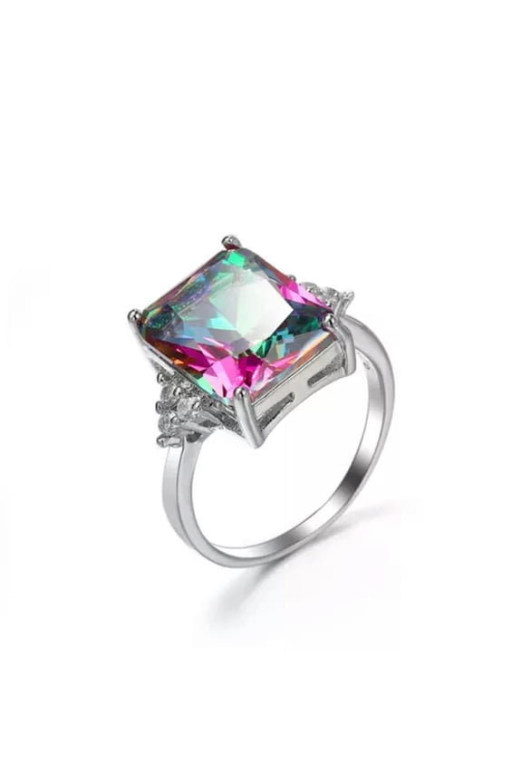 Rainbow Princess Cut AAA CZ Band for Female 925 Silver Engagament Ring Size 6-10