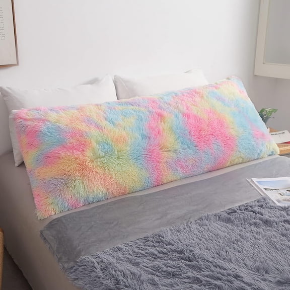 Rainbow Print Fluffy Body Pillow Cover, 20x54 Shaggy Faux Fur Case, Tie Dye Soft Plush Fuzzy Pillowcase, Furry Long Bed with Zipper for Kids Girls Children Women