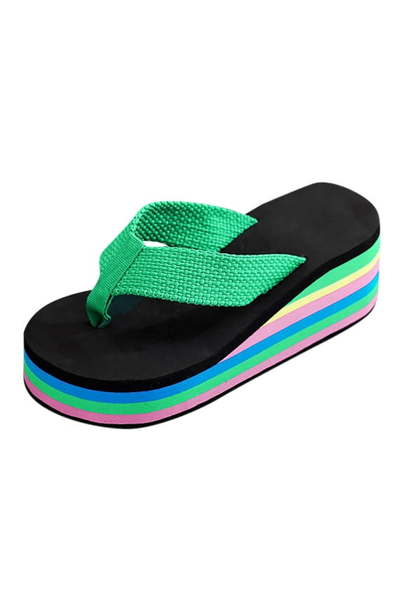 Fashionable Platform Wedge Flip Flops Women Rainbow Printed Sole Outdoor Comfortable Walking Shoes
