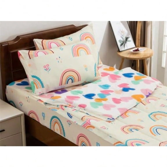 Rainbow Printed Zipper Bedding Sets Twin Lightweight Microfiber Heart Comforter Set with Fitted Sheet Pillow CoversBeige