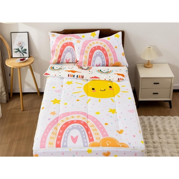 Rainbow Printed Zipper Bedding Sets Twin for Kids Girls Lightweight Microfiber Butterfly Comforter Set with Fitted Sheet Pillow Covers,Yellow