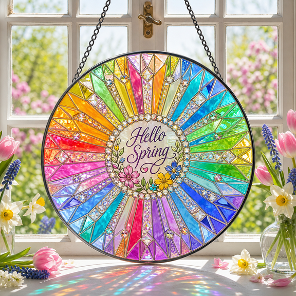 Rainbow Prism Stained Glass Suncatcher, Hello Spring Sunburst Window Hanging Decor