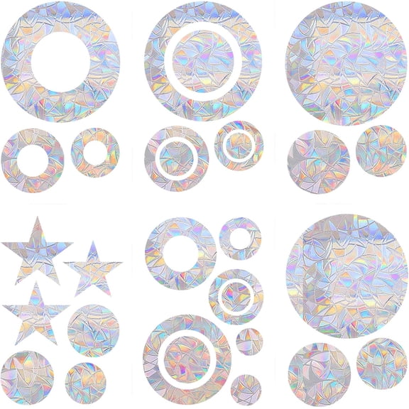 Rainbow Prism Sun Catcher Window Clings 39 Pcs Static Cling Window Decals, Reusable No Glue Window Stickers for Bird Strike Prevention, Geometric Circle & Star Decor (Silver)DSF