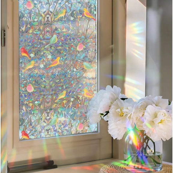 Rainbow Prism Window Film, Bird Pattern Static Cling Privacy Film, Stained Glass Style Non-Adhesive UV Sun Blocking Decorative Glass Sticker for Home Bathroom, 23.62" x 78.74"
