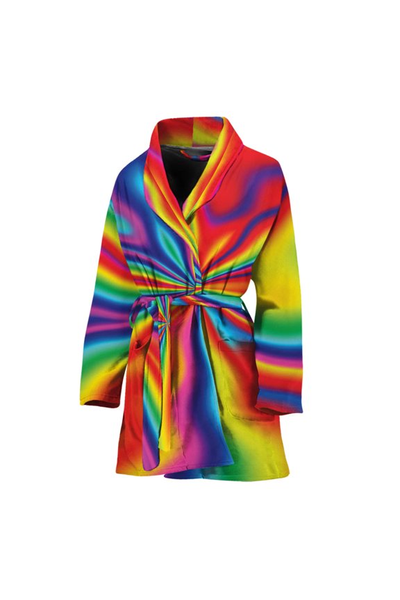 Rainbow Psychedelic Women Bathrobe One Size Univeral Fits, Psychedelic Fashion Lightweight Plush Fleece Long Robe For Women