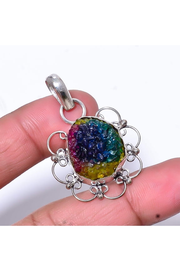 Rainbow Quartz Druzy - India Handmade 925 Sterling Silver Pendant 1.64" P41