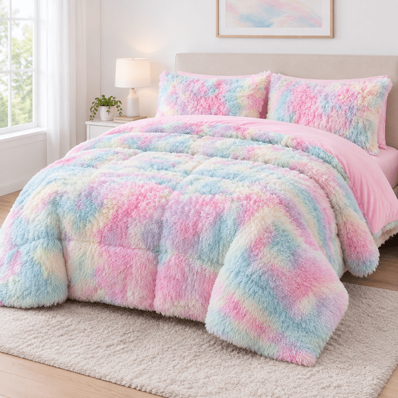 Rainbow Queen Faux Plush 3pc Full/Queen Bedding Comforter Set