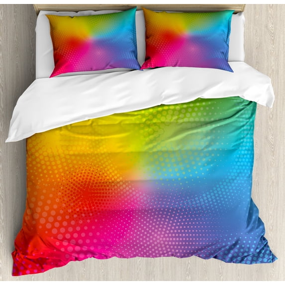 Rainbow Queen Size Duvet Cover Set, Vibrant Neon Colors Circles Rounds Dots Radiant Composition Iridescent Effect Print, Decorative 3 Piece Bedding Set with 2 Pillow Shams, Multicolor, by Ambesonne