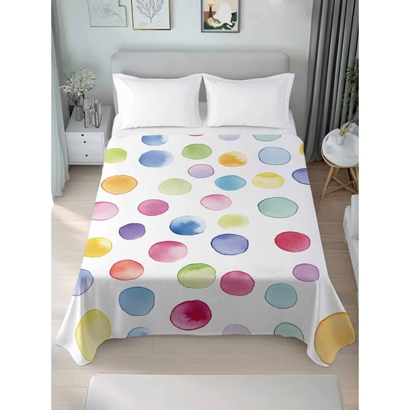 Rainbow Queen Size Flat Sheet, Wrinkleproof & Fadeproof Cooling Flat Bed Sheet Only, Colorful Boho Tainted Pattern Polka Dot Modern Breathable Soft Bedding Top Sheets 90 x 102 Inches