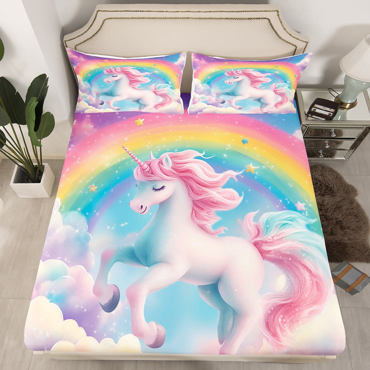 Rainbow Queen Unicorn Bed Sheets for Girls Kids Cute Cartoon Unicorn ...