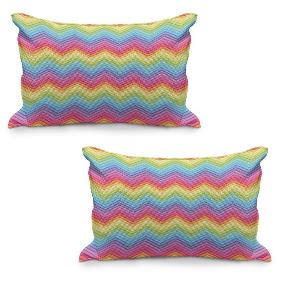 Rainbow Quilted Pillowcover Set of 2, Colorful Zig Zag Chevron Pattern Geometric Modern Sharp Design Illustration, Standard Queen Size Pillow Cover for Bedroom, 30" x 20", Multicolor, by Ambesonne