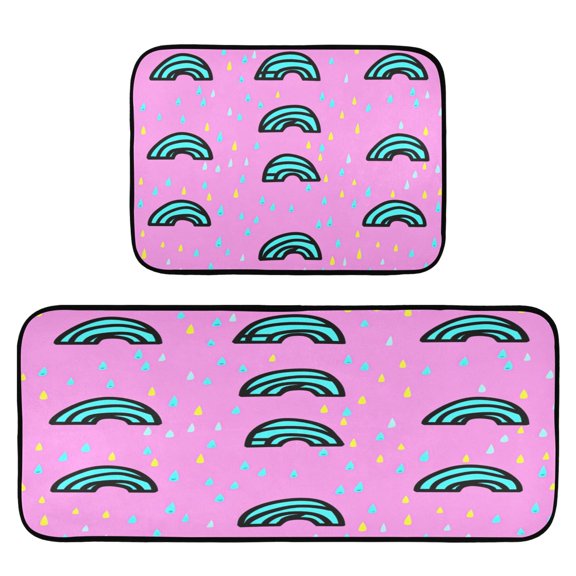 Rainbow Raindrops on Pink 2-Piece Kitchen Carpet Mat Set, Non-Slip Memory Foam, Soft for Kitchen and Living Room Use