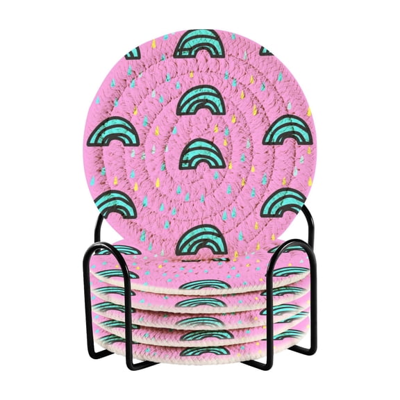 Rainbow Raindrops on Pink 4in Bar Coasters Set of 6 with Storage Rack Durable Heat Resistant