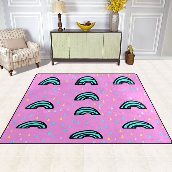 Rainbow Raindrops on Pink 80''x58'' Extra Large Plush Memory Foam Rug, Soft, Absorbent, Non Slip