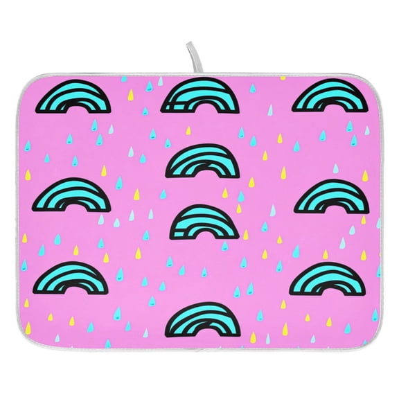 Rainbow Raindrops on Pink Dish Drying Mat for Kitchen, Quick Drying Absorbent Soft Durable 16" x 18"