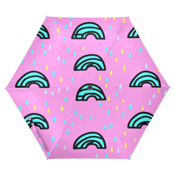 Rainbow Raindrops on Pink Folding Umbrella UV50+ Waterproof Sun Protection Auto Open Close Compact Fiberglass Frame